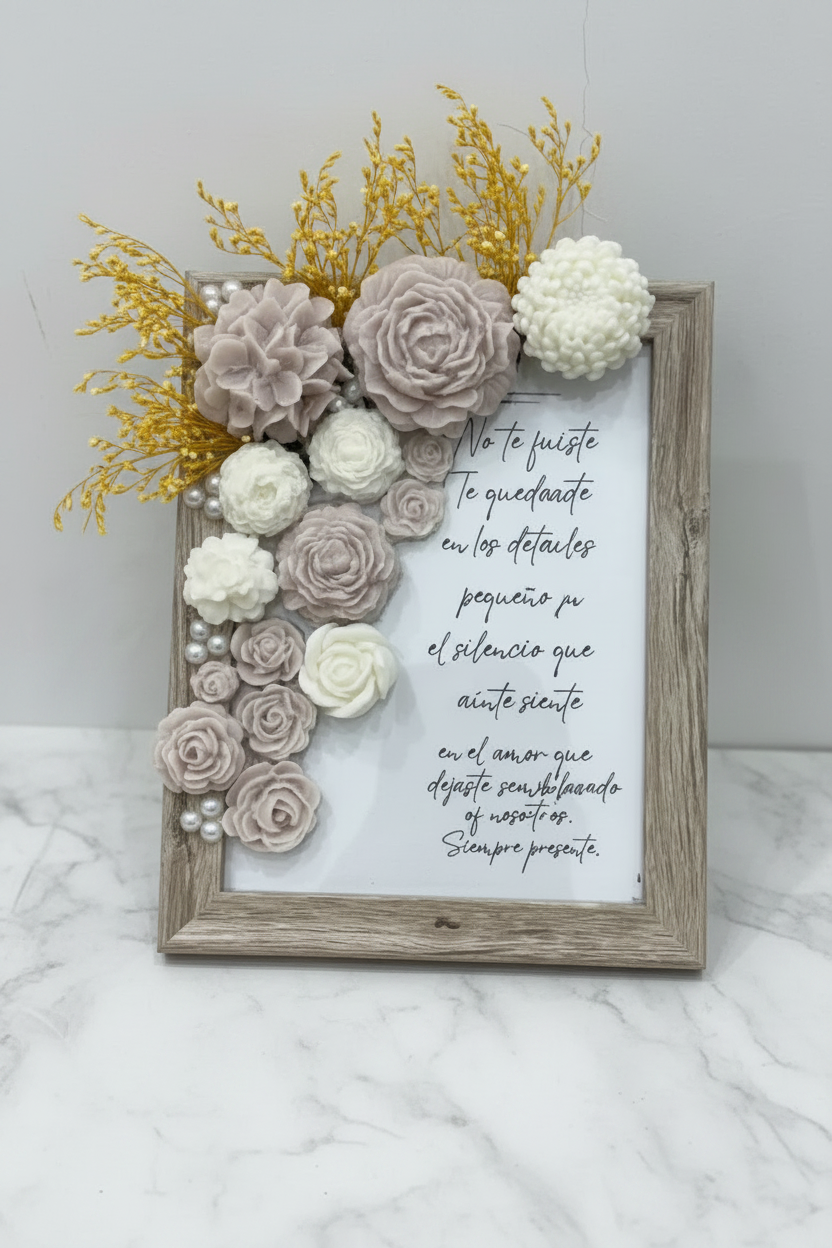 Marco de velas florales nude con leyenda y fondo crema