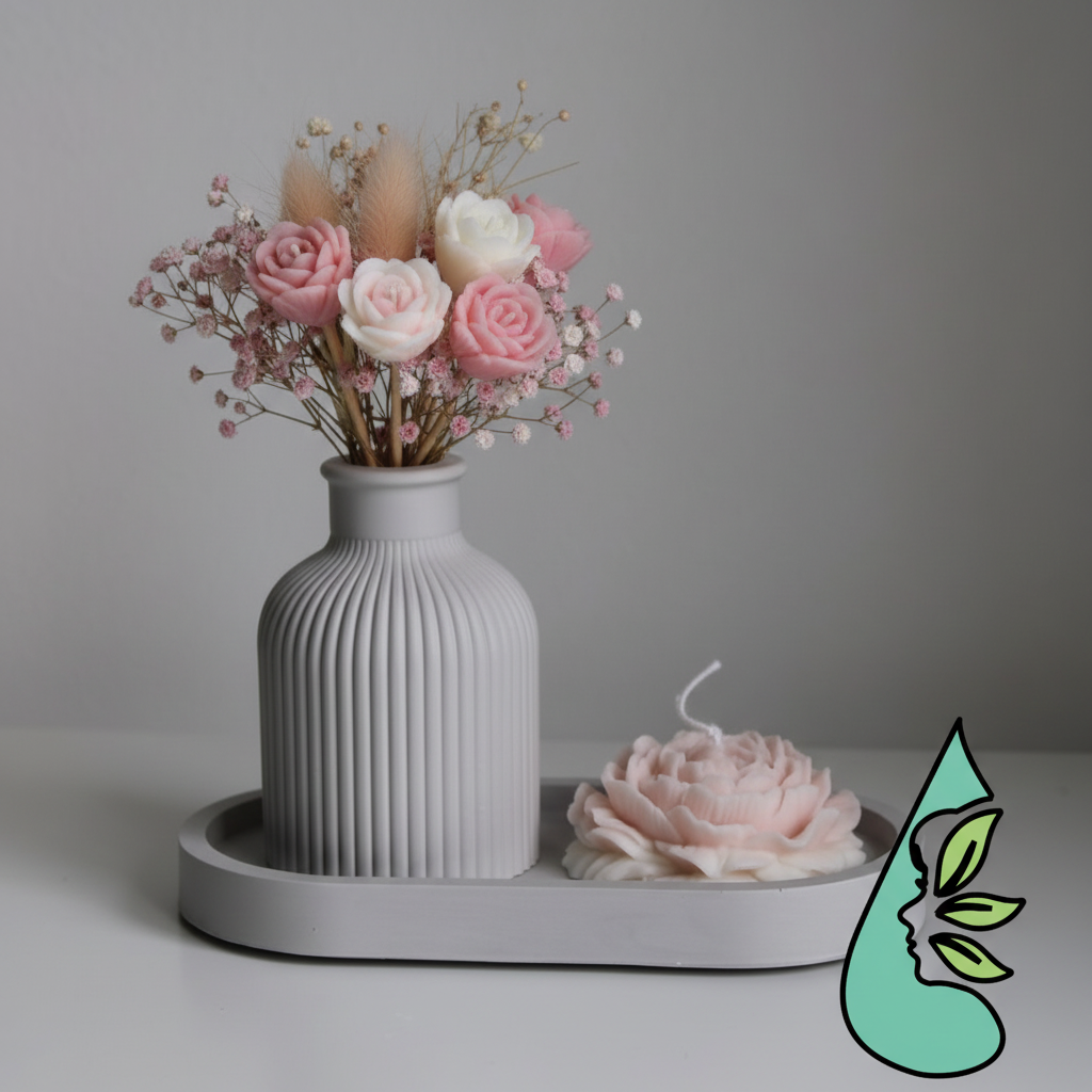 Kit con flores artificiales y logo visible